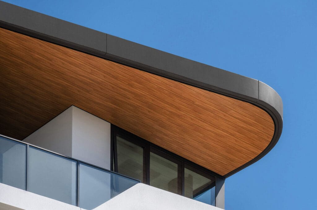 A close-up of Aluminum soffit wood design