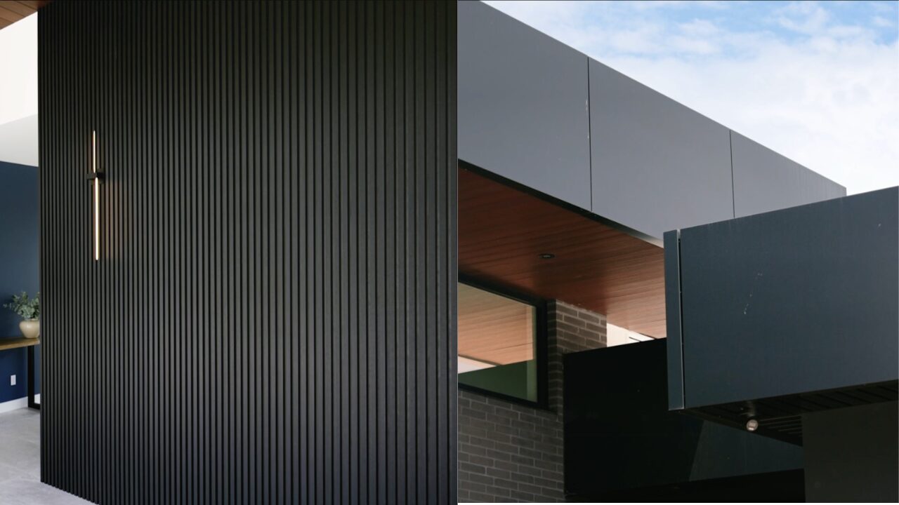 A split-screen high-resolution photograph showing a sleek ACM building on one side and a textured wood-composite residential facade on the other.